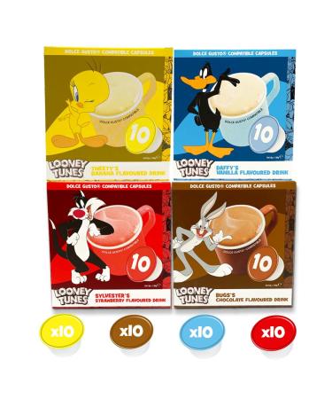 caff luxe Flavoured Milk Drink Dolce Gusto Compatible Pods - Looney Tunes Warm Milk Drink or Milkshake - 40 Capsules Variety Pack (Strawberry Vanilla Chocolate & Banana) 1.0 count