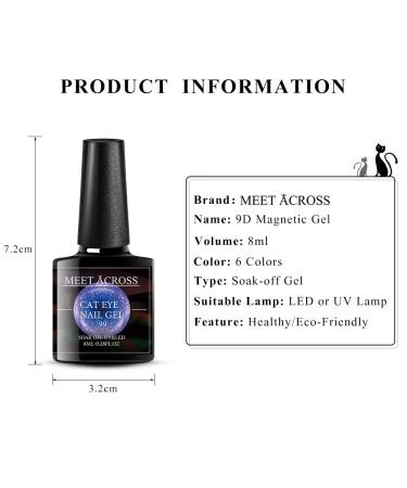 MEET ACROSS 9D Cat Eye Gel Nail Polish Set - 6 Colors Magnetic Starry Sky Effect Kit with Free Magnet Stick - Buy Online on SooperMarket.com