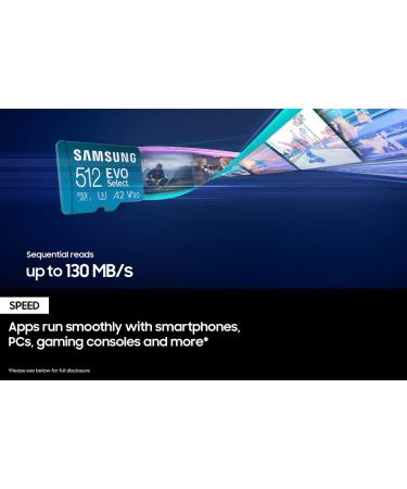 Samsung EVO Select 512GB Micro SD Memory Card + Adapter | 130MB/s | Full HD, 4K UHD, UHS-I, U3, A2, V30 | Expand Storage for Android, Tablets, Nintendo Switch - Buy Online on SooperMarket.com