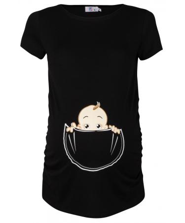 HAPPY MAMA. Women's Maternity Baby in Pocket Print T-Shirt Top Tee Shirt. 501p 10-12 Black
