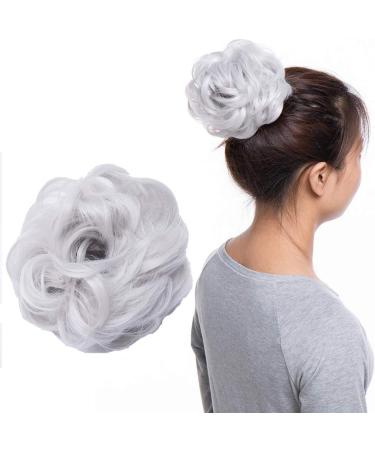 Silver Gray Messy Hair Bun Scrunchie Extension for Women | Curly Wavy Chignon Updo Hairpiece and Ponytail Accessory - Buy Online on SooperMarket.com