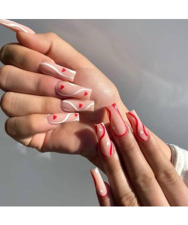 Glossy pink ballerina false nails long coffin press on the nails Full cover artificila nails with swirl Heart design for women and daily decoration 24PCSPC
