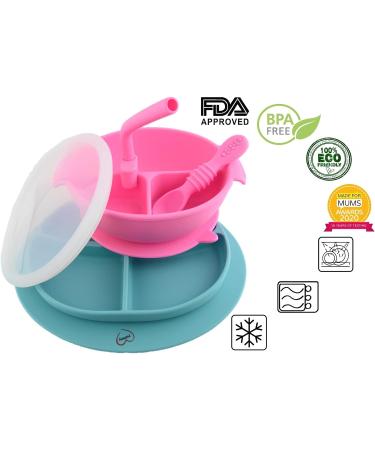 Yummy Baby Toddler Silicone Suction Divided Plate Bowl with Lid, Spoon & Straw - Pink Set | Non Slip Feeding Dish for Kids - Buy Online on SooperMarket.com