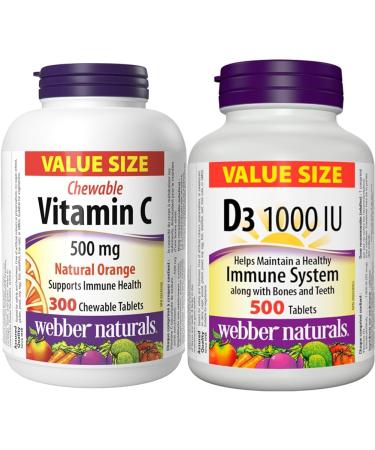 Webber Naturals Vitamin C Chewbale 500 mg 300 Orange Flavour Tablets For Bones Teeth & Vitamin D3 1000 IU 500 Tablets For Healthy Bones Teeth and the Maintenance of Good Health