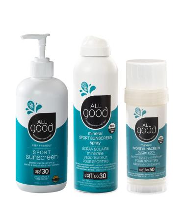 All Good Sport Mineral Face & Body Sunscreen - UVA/UVB Broad Spectrum  Water Resistant  Coral Reef Friendly  Gluten-Free - SPF 30 16 oz Pump  SPF 30 Sport Spray  SPF 50 Sport Butter Stick