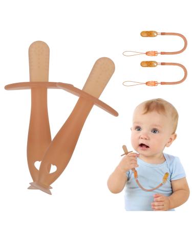 Vicloon Teething Toys for Baby 2pcs Teether Toy Silicone Baby Teether with Suction Cup Baby Teething Toy with 2 Anti-Lost Chain Teething Ring for 2 Months Above Infant Sore Gums Pain Relief(Brown) S-Suckers brown