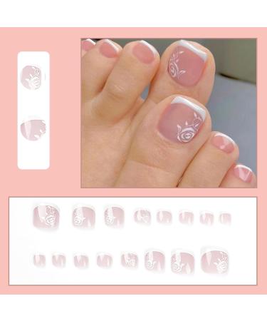 24Pcs Square False Toenails Glossy French Rose Flower Press on Toenails Nude Pink Stick on Toenails Short Acrylic Full Cover Summer Fake Toenails for Women and Girls Daily Decorations White Rose Flower - Buy Online on SooperMarket.com