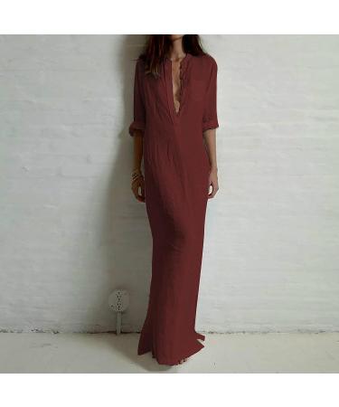 LCZIWO Women's Solid Wine Maxi Dress - Rolled-Up Long Sleeve, Slim Fit Button Up Casual Dress (XX-Large) - Buy Online on SooperMarket.com