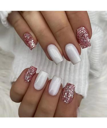MISUD Short Square Press on Nails Squoval Fake Nails Glossy Glue on Nails White Aurora Acrylic Nails Pearl Flash Artificial Nails Chrome Nails Pink Bling Glitter Stick on False Nails with Design 24 pcs 04-MS008