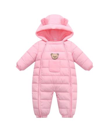 JiAmy Baby Snowsuit Hooded Romper Winter Outfits Cartoon Bear Boys Girls Jumpsuit Pink 2 12-18 Months