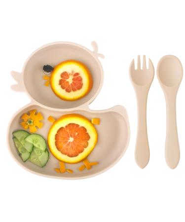 Qshare Baby Suction Plate Silicone Suction Plate Baby with Spoon and Fork Non Slip Self Feeding Training Divided Weaning Plates for Baby Toddler (Beige)