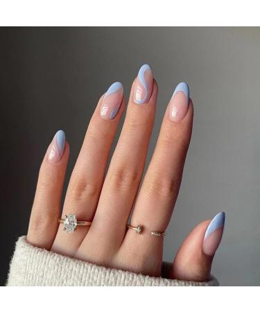 JUSTOTRY 24 Pcs Wavy Almond Short False Nails Sky Blue French Press on Nails Pattern Striped Fake Nails Short with Nail Glue Oval Medium Stick on Nails for Women Nails Fake Nail for Nails Art Blue&swirl1