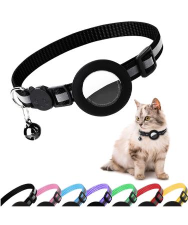 Airtag Cat Collar Air tag Cat Collar with Bell and Safety Buckle in 3/8" Width Reflective Collar with Waterproof Airtag Holder Compatible with Apple Airtag for Cat Dog Kitten Puppy (Black)