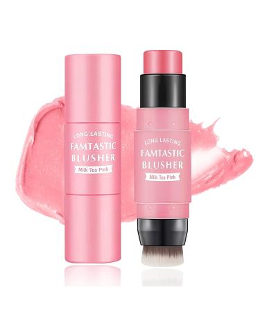 Cream Blush Stick with Brush  3 in 1 Double Head Blush Stick for Cheeks & Lip Tint & Eyeshadow Makeup  Lightweight  Long-lasting  Easy to Apply  Cream Blush Makeup Stick for All Skin Tones (Cherry Pink)