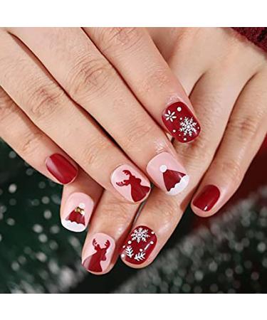 Vatocu Christmas False Nails Short Red Press on Nails Snowflakes Elk Fake Nails Snowman Acrylic Stick on Nails for Women and Girls(24pcs)