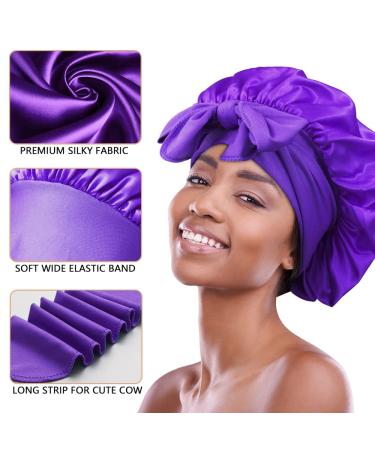 3pc Satin Bonnets for Black Women - Large Silky Bonnet Set in Black, Wine Red, Purple - Buy Online on SooperMarket.com