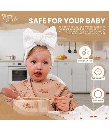 Yum Yum's Set of 6 Baby Feeding Set - Suction Bamboo Plates, Bowl, Wooden Spoons, Bibs | Kids Pink Weaning Set - Buy Online on SooperMarket.com