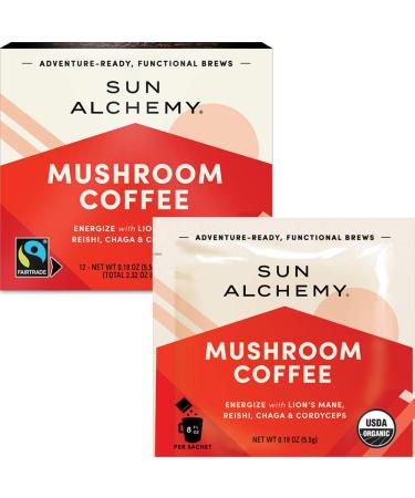 Sun Alchemy Mushroom Coffee, Energize with Organic Fair-Trade Coffee, Lions Mane, Reishi, Chaga & Cordyceps Mushrooms - 12 Sachets