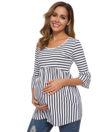 Love2Mi Women Maternity Blouse A Line Pregnancy Shirt 3/4 Bell-Sleeve Striped Maternity Clothes L White Black Stripe