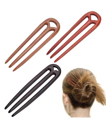 WEBEEDY 3 Colors Wood Hair Fork 3 Prong Hairpin French Updo Hair Sticks Sandalwood Mahogany Wood Hair Styling Pins Hair Accessories for Long Thick Fine Hair Bun Chinese Retro Style 12/13cm Long