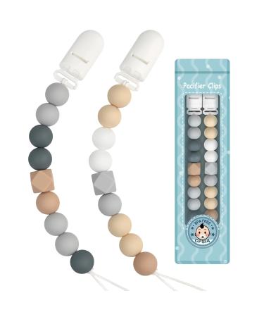 Kowlone pacifier chain Young girls silicone dummy clips pacifier band pacifier chains pacifier clips holder for baby shower 2-pack (beige gray) a: beige gray