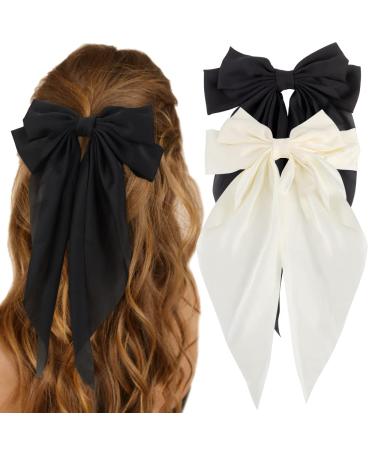 ATODEN Silky Satin Hair Bows 2 Pcs Big Hair Bows for Women Hair Ribbons Oversized Long Tail White Hair Bow Black Hair Bow Large Hair Barrettes for Women French Soft Ribbon Barrettes Metal Clips Bowknot Aesthetic Hairclip...