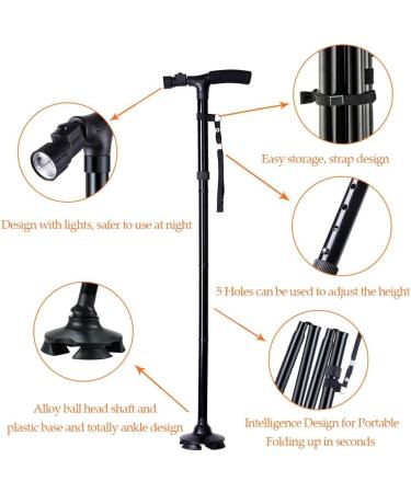 Led Light +Foldable Safety Walking Stick Folding Adjustable Aluminium Pole Cane Black - Buy Online on SooperMarket.com