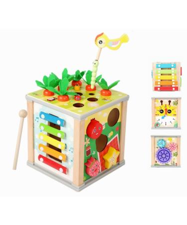Newyeeca motor cube activity cubes made of wood 6 in 1 Montessori Toy Activity Center with carrot harvest wooden toys motor skills activity toy wood for toddlers