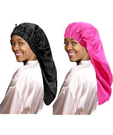 Ladaypoa 2 pieces long satin hair hood girls silky hat women long satin hood sleeping hat to sleep extra big satin sleeping cap for long curly hair protection unit size black+rose red