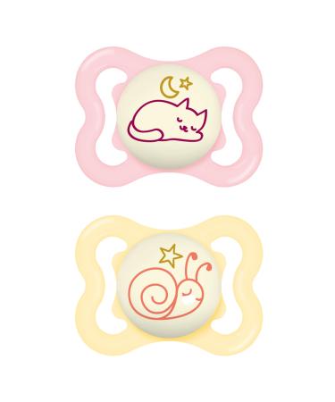 MAM SUPREME Night Schnuller in a set of 2 bright baby pacifier for healthy dental and jaw development prevents skin irritation with pacifier box 0-6 months cat/snail cat/snail 0-6 months/night