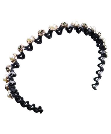Faux Pearl and Rhinestone Headband Wavy Plastic Hairband Stretchy Beaded Hair Hoops for Women Girls Hair Styling Accessories