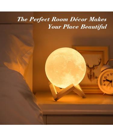 Methun 3D Moon Lamp 5.9 Inch with Wooden Base - LED Night Light for Home Decor - Touch Control Brightness - Ideal Gift for Bedroom, Christmas, New Year - White & Yellow - Buy Online on SooperMarket.com