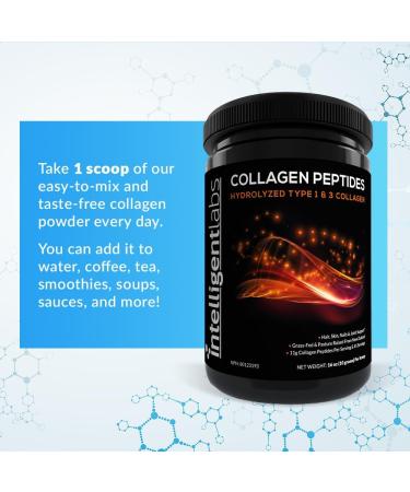 Intelligent Labs Hydrolyzed Type 1 and 3 Collagen Peptides Powder 100% Cruelty-Free and Grass-Fed Bovine Supports Healthy Hair Skin Nails & Joints 11g per Serving 41 Servings a Bottle - Buy Online on SooperMarket.com