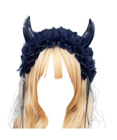 JSGHGDF Creative Spooky Devil Horn Shape Hairband Women Pleated Lace Makeup Skincare Headband for Halloween Photography Hairband Black