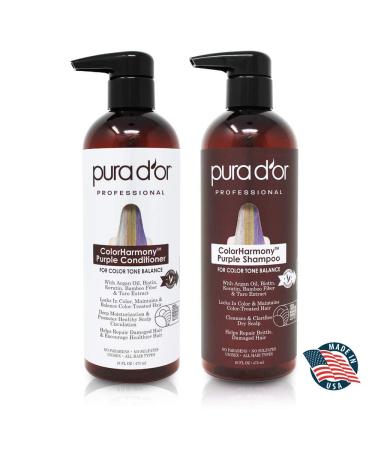 PURA D'OR ColorHarmony Purple Shampoo & Conditioner Set - 16oz x 2, Biotin for Bleached Blonde & Silver Hair, Keratin & Bamboo Fiber, No Sulfates, Natural Ingredients - Men & Women - Buy Online on SooperMarket.com