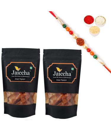 Jaiccha Ghasitaram Rakhi Gifts for Brothers Rakhi Dryfruits - Dried Papaya 400 GMS in Black Paper Pouch with Rudraksh Rakhi