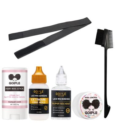 Wig Glue 1.34OZ, Waterproof Lace Front Wig Glue for Wigs with Tools and Hair Wax Stick (Wig Glue/Wig Glue Remover/Hair Wax Stick/Edge Control Wax/Elastic Band/Hair Dual Drush)