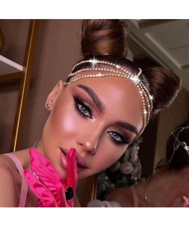 Aularso Layerd Head Jewelry Wedding Rhinestone Hair Chain Party Face Chain Costume Crystal Headband for Women and Girls (Gold)