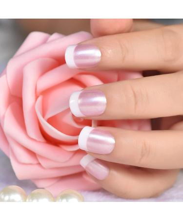 Elevenail Glossy Pearl Pink White French False Nails - Medium Short Squoval Press on Nails for Women and Girls - Christmas Nail Art Tips Gift - Buy Online on SooperMarket.com