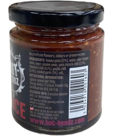 Hot-Headz! Smoked Chili & Garlic Hot Sauce. Habanero & Chipotle Chilli Jam With Smoked Garlic For Cheese Cold Meat Burger Taco Dressing Or Dips. Vegan & Great Gift For Hot Sauce Lovers! (185ml) - Buy Online on SooperMarket.com