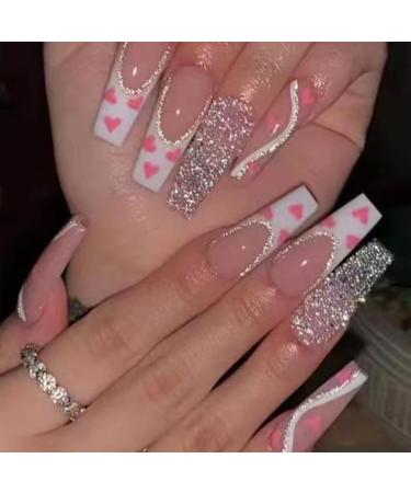 Luvadeyo 24pcs Coffin Long Press on Nails Shiny Full Cover Heart Pink Acrylic Fake Nails Shiny False Nails for Women and Girls Pink Heart
