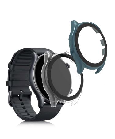 kwmobile Cover Comaptible with Huami Amazfit GTR 3 / GTR 3 Pro (Set of 2) -Tempered Glass with Plastic Frame - Green/Transparent green / transparent