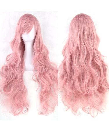 YEESHEDO 32" 80 cm Long Wavy Curly Hair Cosplay Wigs with Bangs for Women Heat Resistant Synthetic Wig for Party Costume Anime Halloween (Pink) Rouge Pink