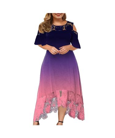 Plus Size Dress for Women Summer Casual Gradient Printed Dresses Round Neck Sexy Lace Short Sleeve Loose Prom Dress 3X-Large Purple