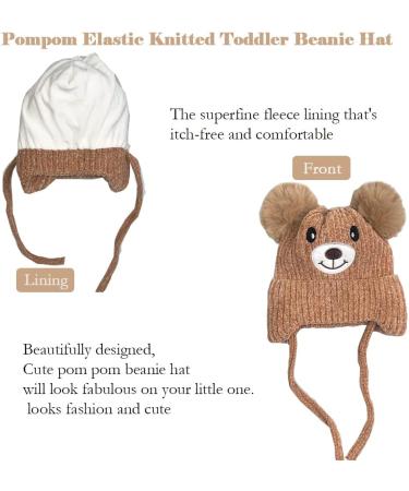 Cute Bear Kids Winter Hat | Ear Flaps, Dual Pom-Pom | Toddler Fleece Lined Earflap Cap - Khaki - Buy Online on SooperMarket.com