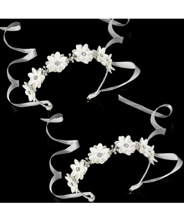 Syhood 2 Pieces Girl Elegant Headband Flower Headpiece White Flower Headband with Ribbon and Rhinestones Cute Bridal Wedding headband for Girl Party Hair Accessories