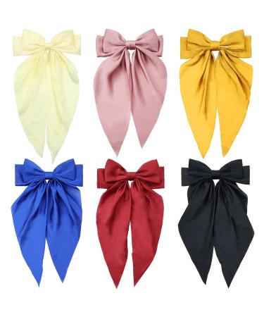 6 Pack Satin Big Large Hair Bows for Women Oversized Giant Bow Hair Clips French Barrette with Long Silky Ribbon Tail Lady Hairpin Ponytail Holder Bowknot Hair Accessories