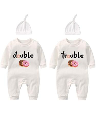 culbutomind Baby Twins Bodysuits Double Trouble Newborn Unisex Baby Romper Cute Outfit With Hat White 3-6 Months