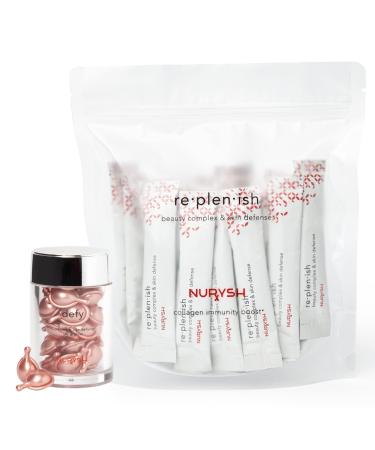 NURYSH DEFY Anti Aging Serum Capsules for Face + REPLENISH Marine Collagen Peptides Powder Packets Beauty Supplement for Skin & Hair Bundle - 4 Week Supply