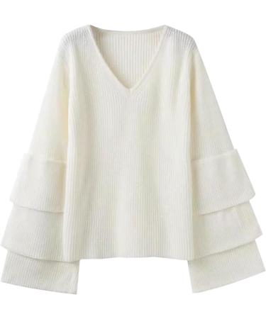 Creoqiji Women's V-Neck Sweater - Autumn/Winter Loose Fit with Leaf Sleeves - Comfortable Elastic Party Wear in White (Size L) - Buy Online on SooperMarket.com
